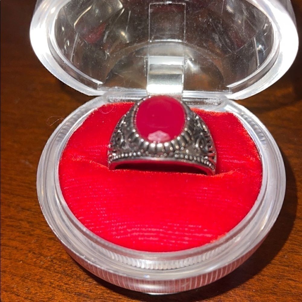 Turkish style silver tone ring red center stone
